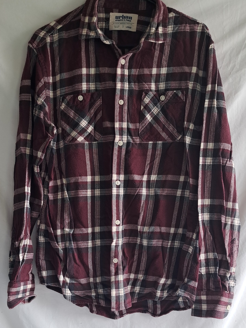 urban pipeline Burgundy and White Plaid Button-Down Flannel Shirt